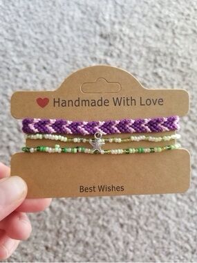 Purple and pink chevron friendship Woven Bracelet with silver Star Charm set